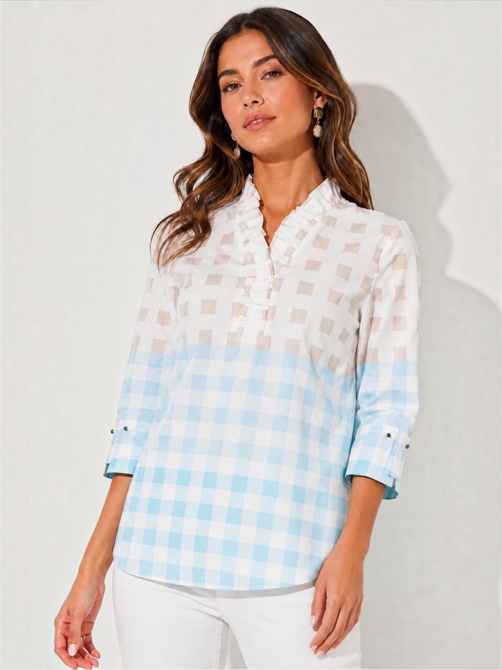 Ming Wang Ombre Gingham Ruffle V-Neck Blouse - Size M
 New With Tags 🏷️